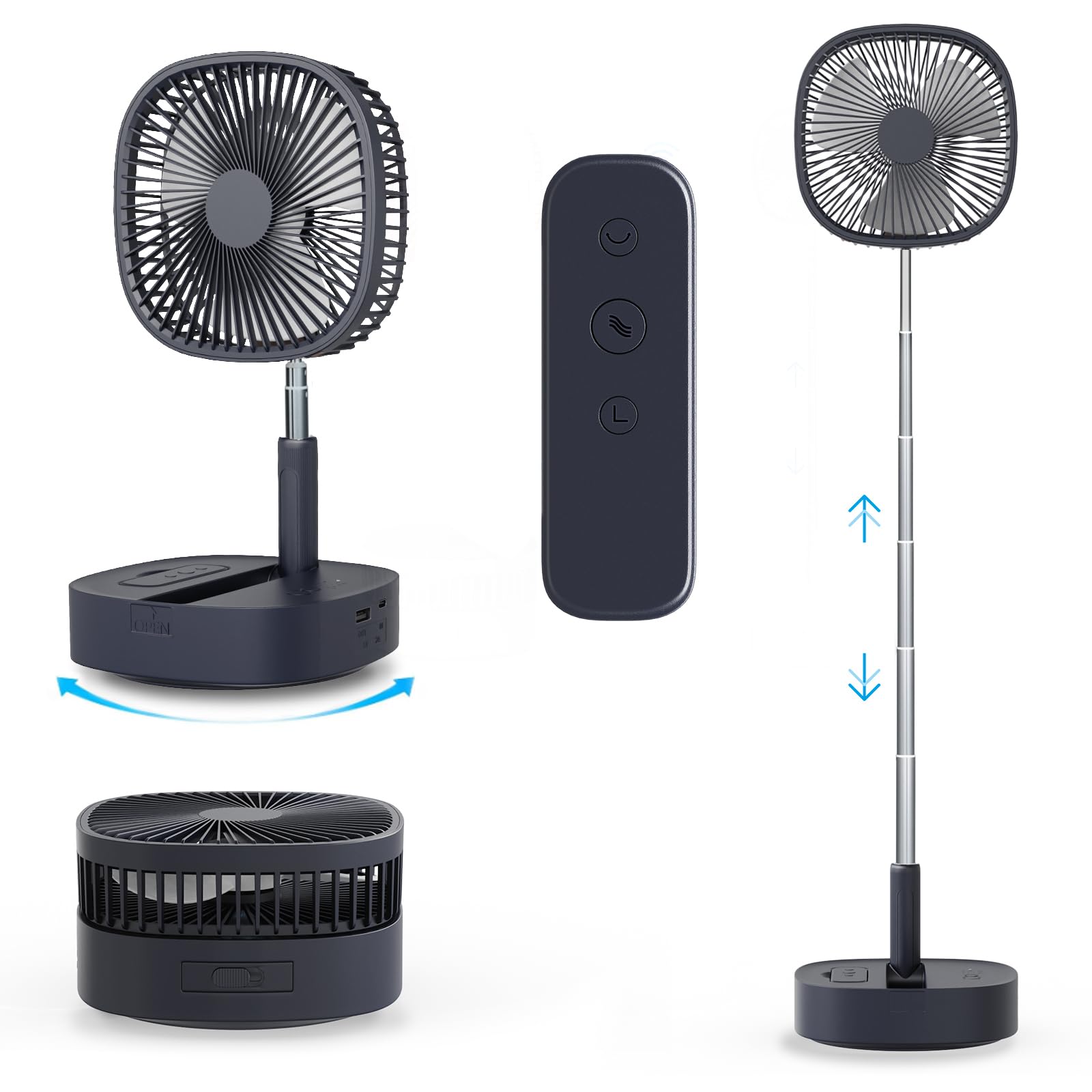 Magesh Portable Oscillating Pedestal Fan＆Remote, 120° Rotation, 3-In-1 Foldaway/Standing/Desk Fan, Anti-Slip 7200Mah Rechargeable, Telescopic 4 Speed Quiet Timer Fan Home Outdoor Travel (Dark Blue)