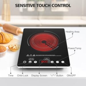 Single Burner Electric Cooktop, 1800W Electric Stove Top Portable, Electric Hot Plate 110v Plug in Countertop,Child Safety Lock,Timer,9 Power Level, Compatible for All Cookware, Induction Cookotp