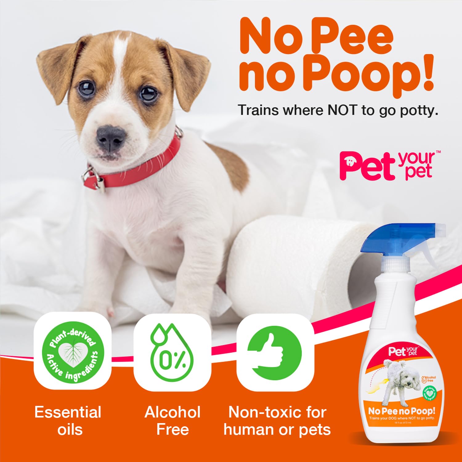 PET YOUR PET No Pee No Poop Dog Potty Training Spray, 16 Fl Oz – Non-Toxic Dog Spray to Prevent Peeing and Pooping – Natural No Marking Scent Spray - Stops Dogs Peeing Indoors/Outdoors