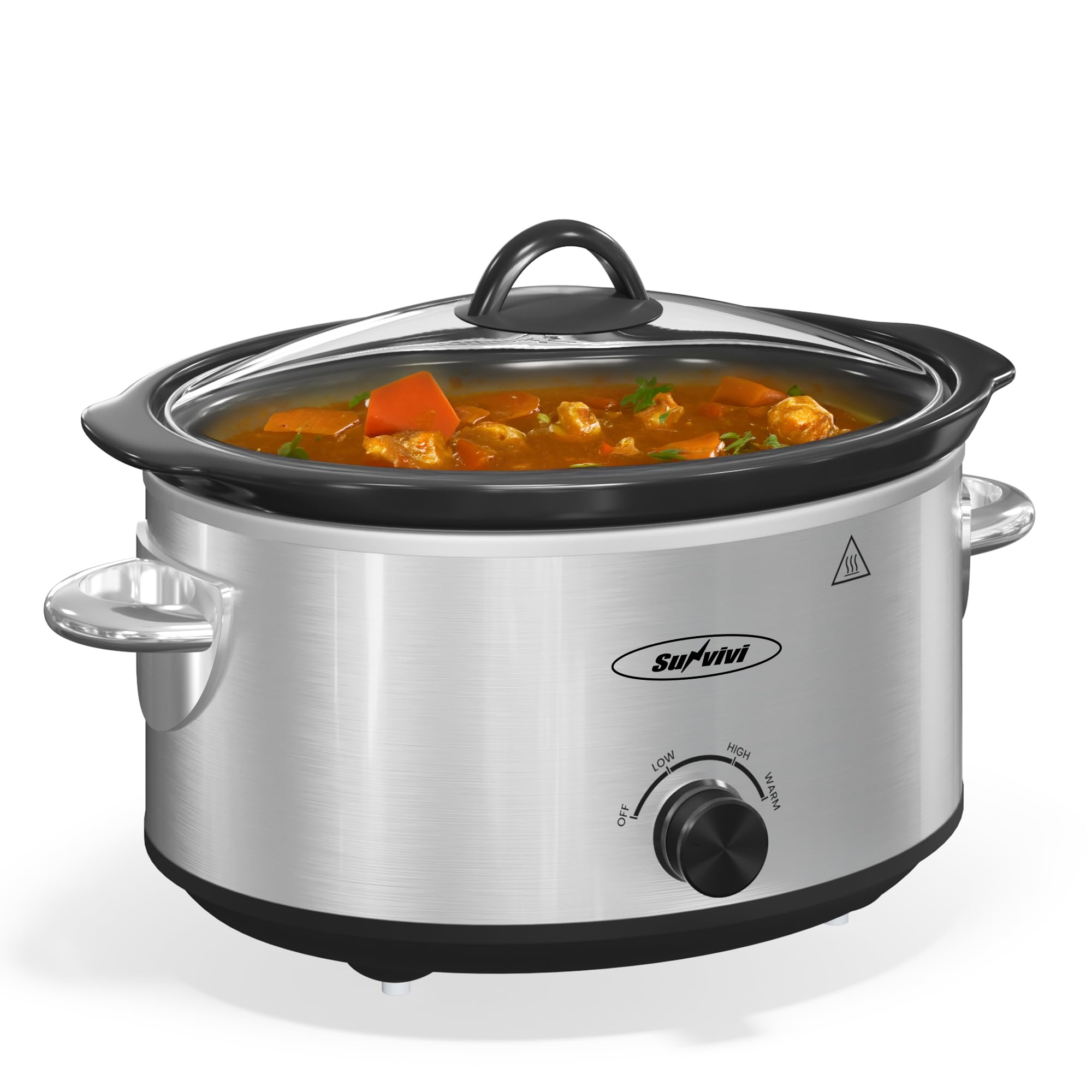 Sunvivi Small Slow Cooker 4QT, Mini Food Warmer with 3 Heating Settings, Removable Ceramic Pot, Dishwasher Safe Glass Lid, Stainless Steel, Silver