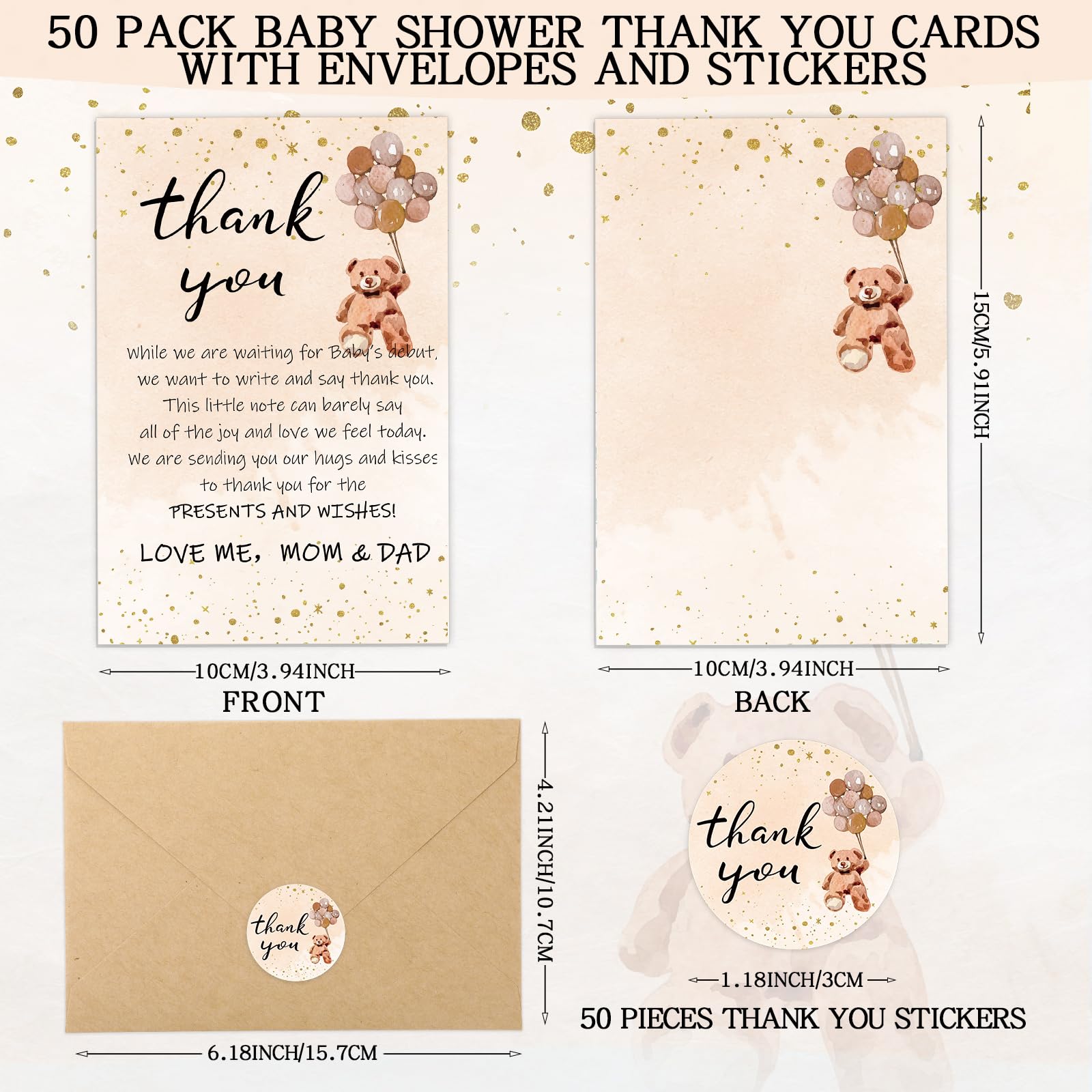 Kisston 50 Sets Baby Shower Thank You Cards 50 Bear Thank You Cards with 50 Envelopes and Stickers Thank You Gift Card for Baby Shower Gender Reveal Party Favor for Girl Boy(Brown)