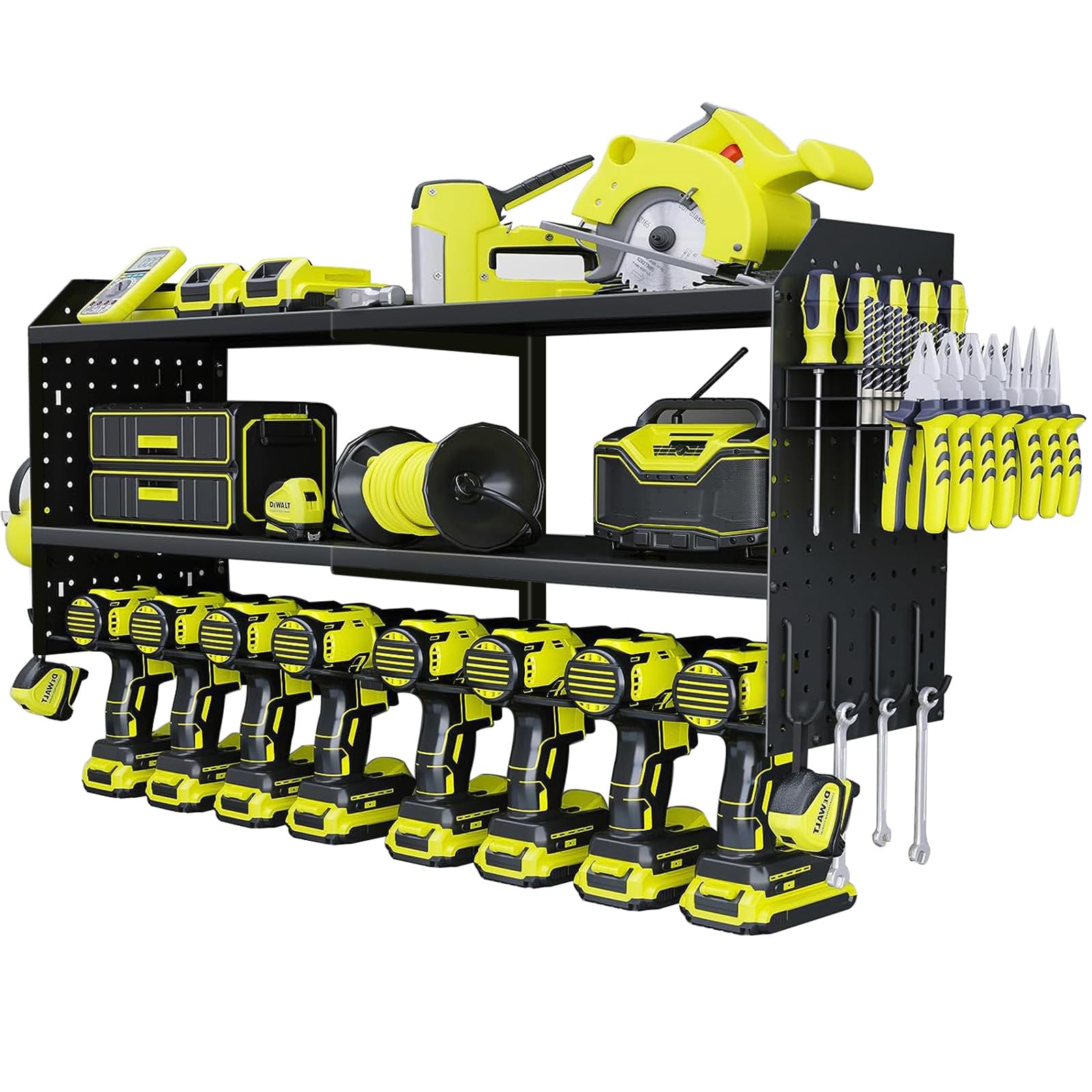 Jofuas Power Tool Organizer Wall-Mounted Metal Tool Rack for 8 Drill Bits with 2 Side Pegboards, Garage Organizing Storage Shelf with Screwdriver Holder/Plier Holder/Hammer Holder.