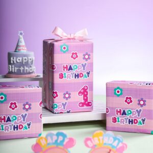 WRAPAHOLIC 1st Birthday Wrapping Paper - Mini Roll - 17 Inch x 33 Feet - Pink Happy Birthday with Floral Design for Birthday, Party, Holiday