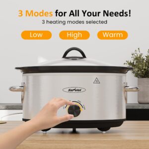 Sunvivi Small Slow Cooker 4QT, Mini Food Warmer with 3 Heating Settings, Removable Ceramic Pot, Dishwasher Safe Glass Lid, Stainless Steel, Silver