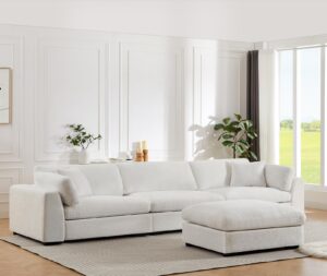 sectional sofa deep couch with chaise modular sectional couch with extra large ottoman corduroy sectioanl sofa sleeper couch for living room apartment (white, 3 seater with ottoman)