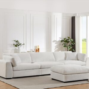 Sectional Sofa Deep Couch with Chaise Modular Sectional Couch with Extra Large Ottoman Corduroy Sectioanl Sofa Sleeper Couch for Living Room Apartment (White, 3 Seater with Ottoman)