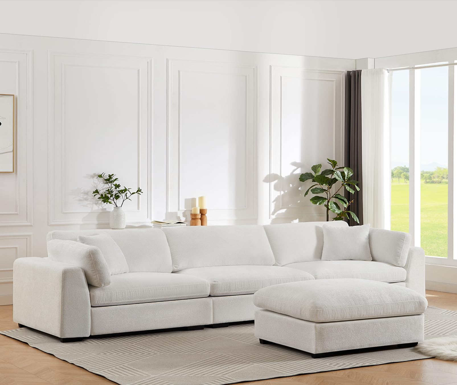 Sectional Sofa Deep Couch with Chaise Modular Sectional Couch with Extra Large Ottoman Corduroy Sectioanl Sofa Sleeper Couch for Living Room Apartment (White, 3 Seater with Ottoman)