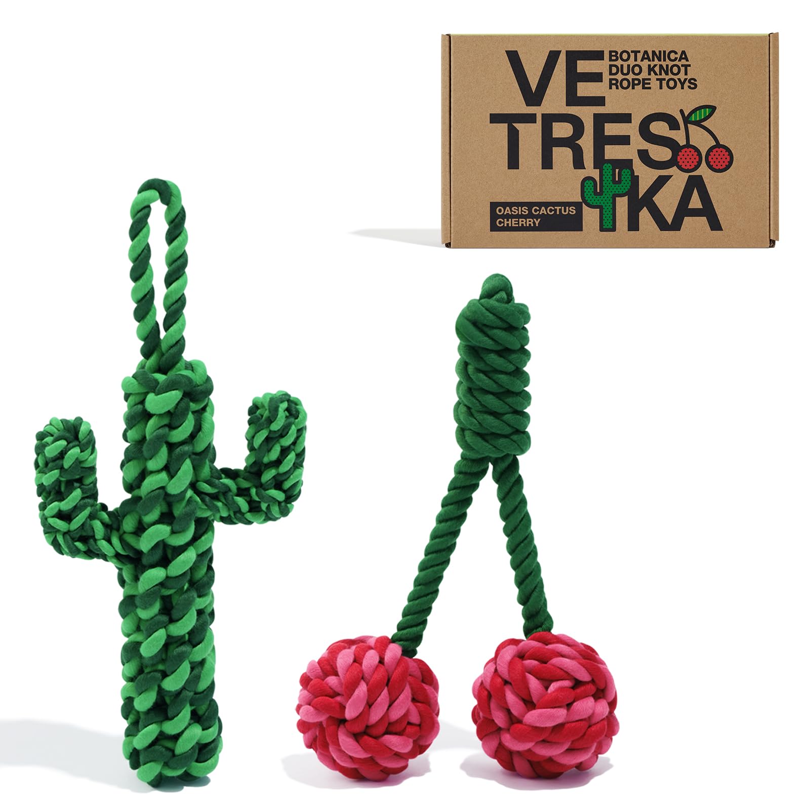 VETRESKA Dog Rope Toys,Durable Tug of War Dog Toy with Ergonomic Grip,Tough Dog Rope Toy for Large Breed Dog Puppy Training Playing Teething Chew Toys,Holiday Dog Toy Gifts (Cherry & Cactus Set)