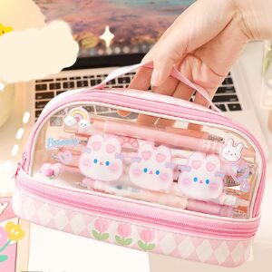 Mokernali Cute Rabbit Pen Bag, Rabbit Pattern Double Layer Pen Bag, Waterproof Transparent Kawaii Pencil Case Pink Cosmetic Bag with Handle