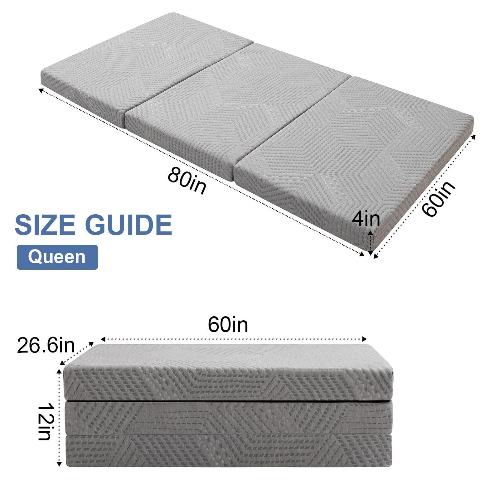 MUUEGM 4 Inch Foldable Mattress Trifold Mattress Folding Bed,Memory Foam Floor Sleeping Mattress,Portable Trifold Toddler Bed Mattress Queen Knitted Grey