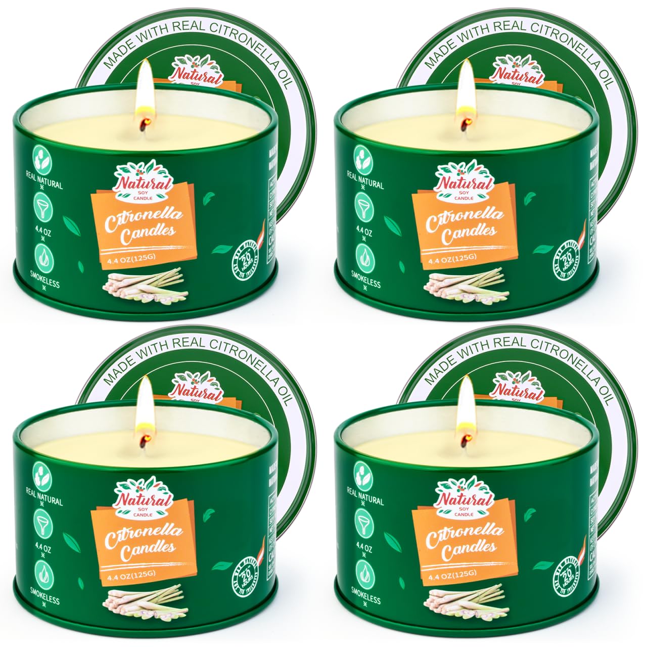 Citronella Candles Outdoor, 4 * 4.4 oz Natural Soy Wax Bulk Summer Candles for Patio Yard Home, 100 Hours Long Lasting Burning Outdoor Candles for Garden Balcony Party Hiking Camping Patio BBQ