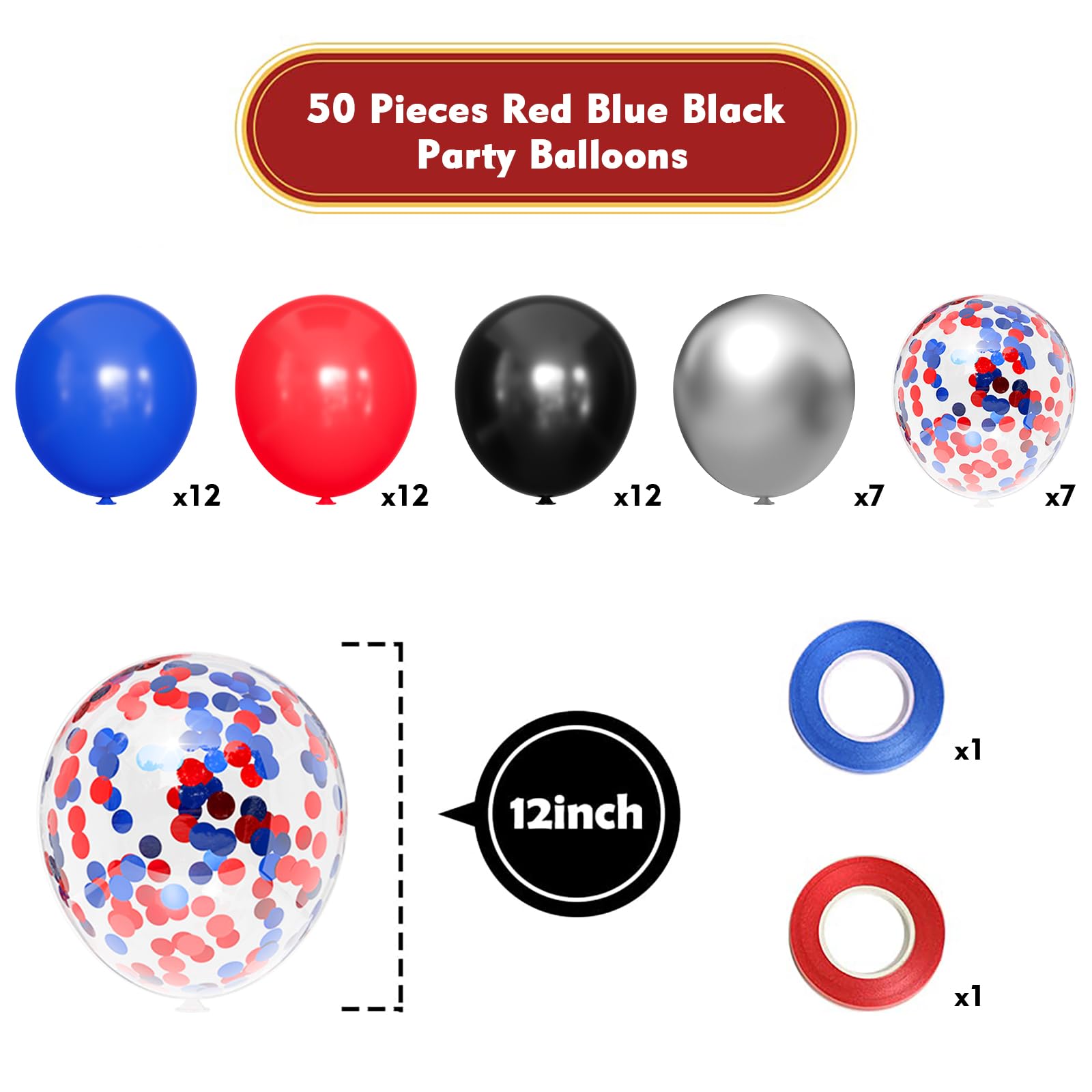 Renjiro Red and Blue Balloons,50pcs 12 Inch Black Red Blue Confetti Silver Latex Balloons Fit for Spider Man Sipdey Spiderman Balloons Boys Kids Birthday Baby Shower Graduation Party Decorations