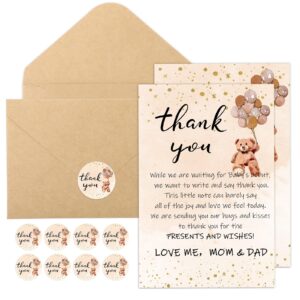 kisston 50 sets baby shower thank you cards 50 bear thank you cards with 50 envelopes and stickers thank you gift card for baby shower gender reveal party favor for girl boy(brown)