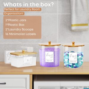 COAZEX 3 Pack Laundry Powder Container & Dryer Sheet Holder, Large Plastic Laundry Room Organization and Storage Jars with Lids, Labels & Scoops for Powder, Detergent, Scent Booster