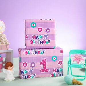 WRAPAHOLIC 1st Birthday Wrapping Paper - Mini Roll - 17 Inch x 33 Feet - Pink Happy Birthday with Floral Design for Birthday, Party, Holiday