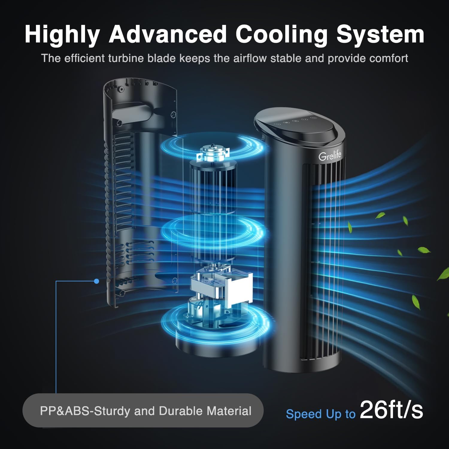 Grelife 13" Bladeless Tower Fan, 3 Speeds, 4 Wind Modes, Touch & Remote Control,Quiet Operation and 12-Hour Timer -Ideal for Home Office Bedroom