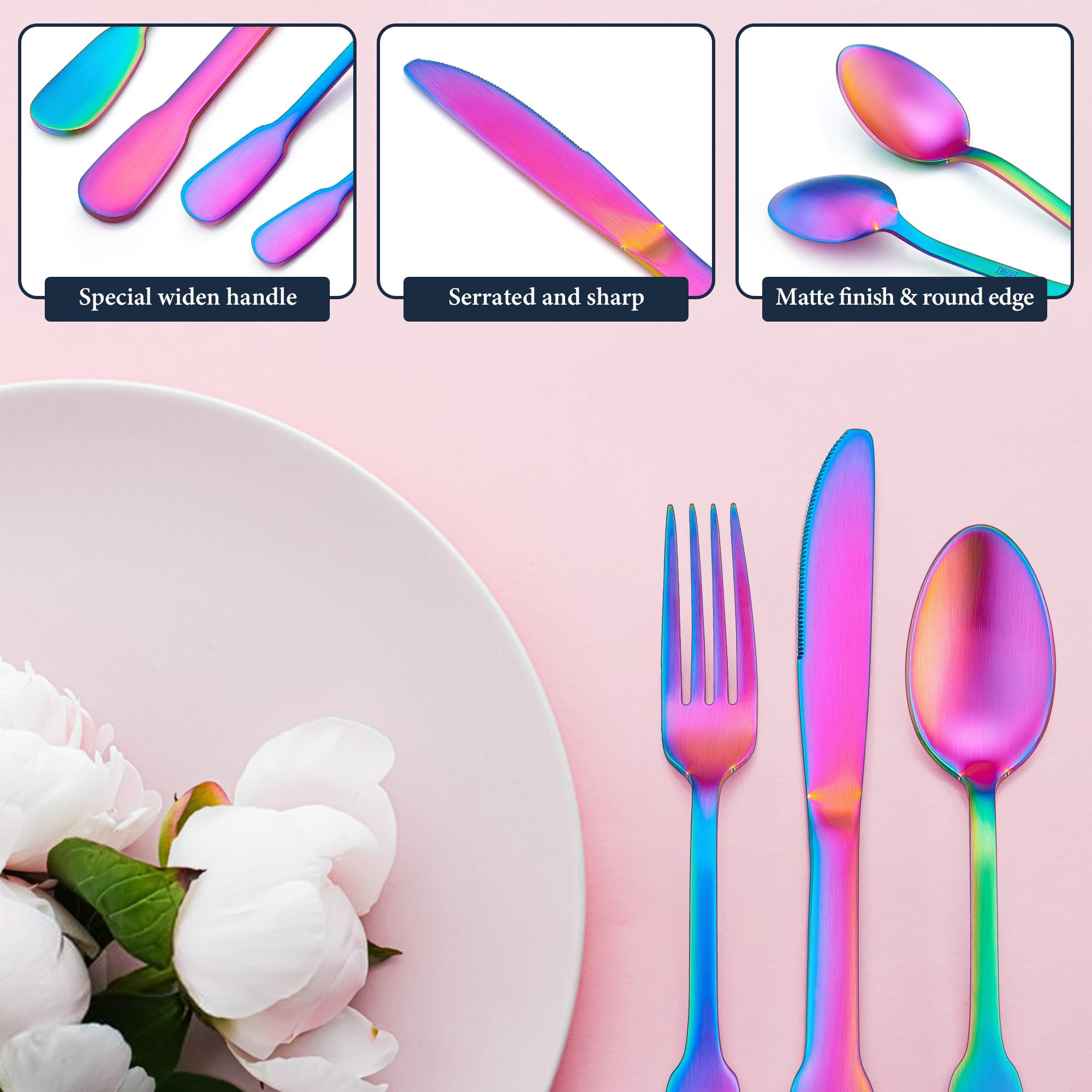 E-far 20-Piece Matte Rainbow Silverware Set, Stainless Steel Flatware Set Service for 4, Colorful Cutlery Set Include Forks Spoons and Knives for Kitchen Home Restaurant, Satin Finish & Widen Handle