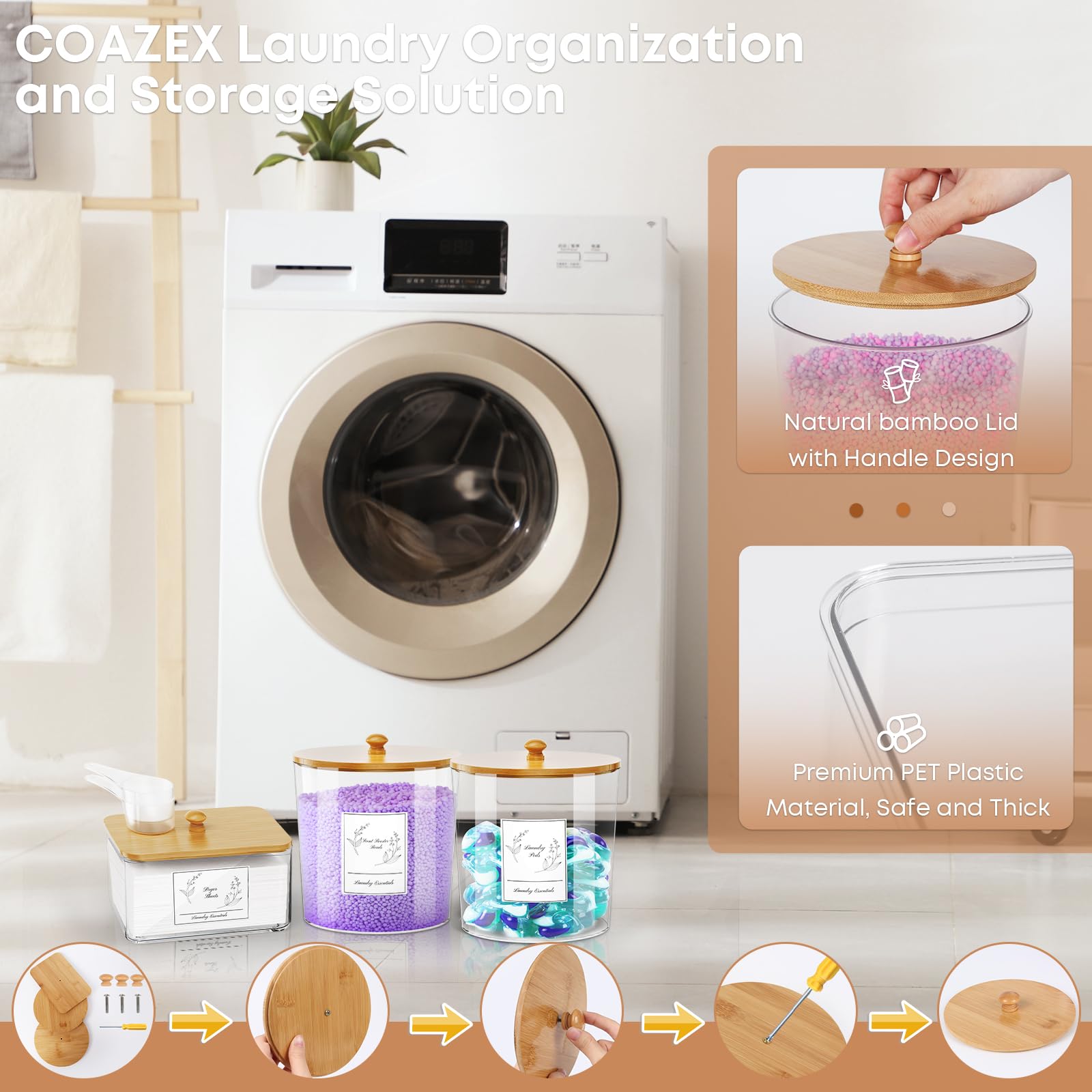 COAZEX 3 Pack Laundry Powder Container & Dryer Sheet Holder, Large Plastic Laundry Room Organization and Storage Jars with Lids, Labels & Scoops for Powder, Detergent, Scent Booster