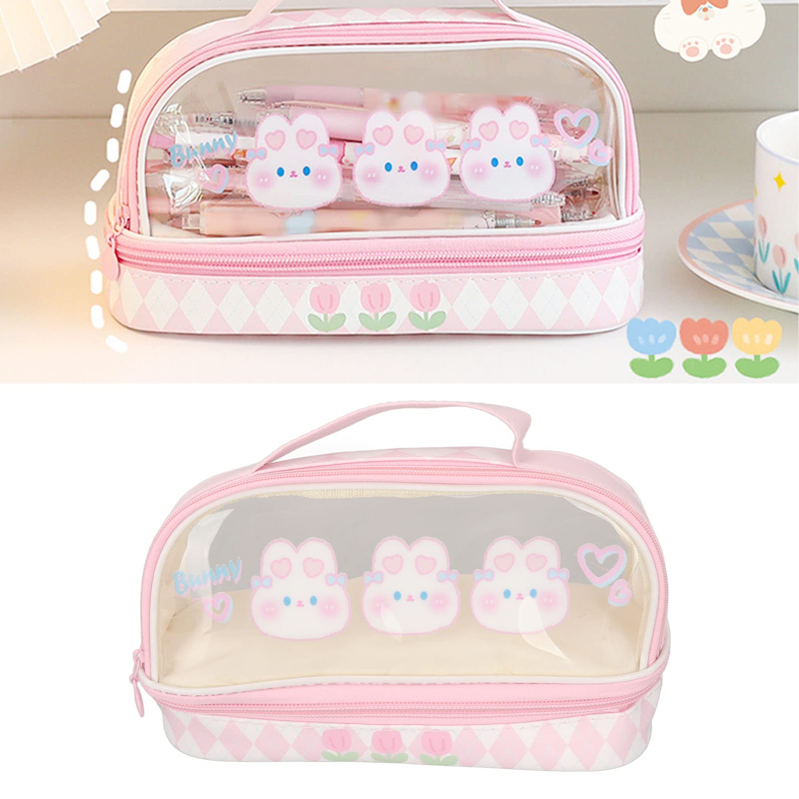 Mokernali Cute Rabbit Pen Bag, Rabbit Pattern Double Layer Pen Bag, Waterproof Transparent Kawaii Pencil Case Pink Cosmetic Bag with Handle