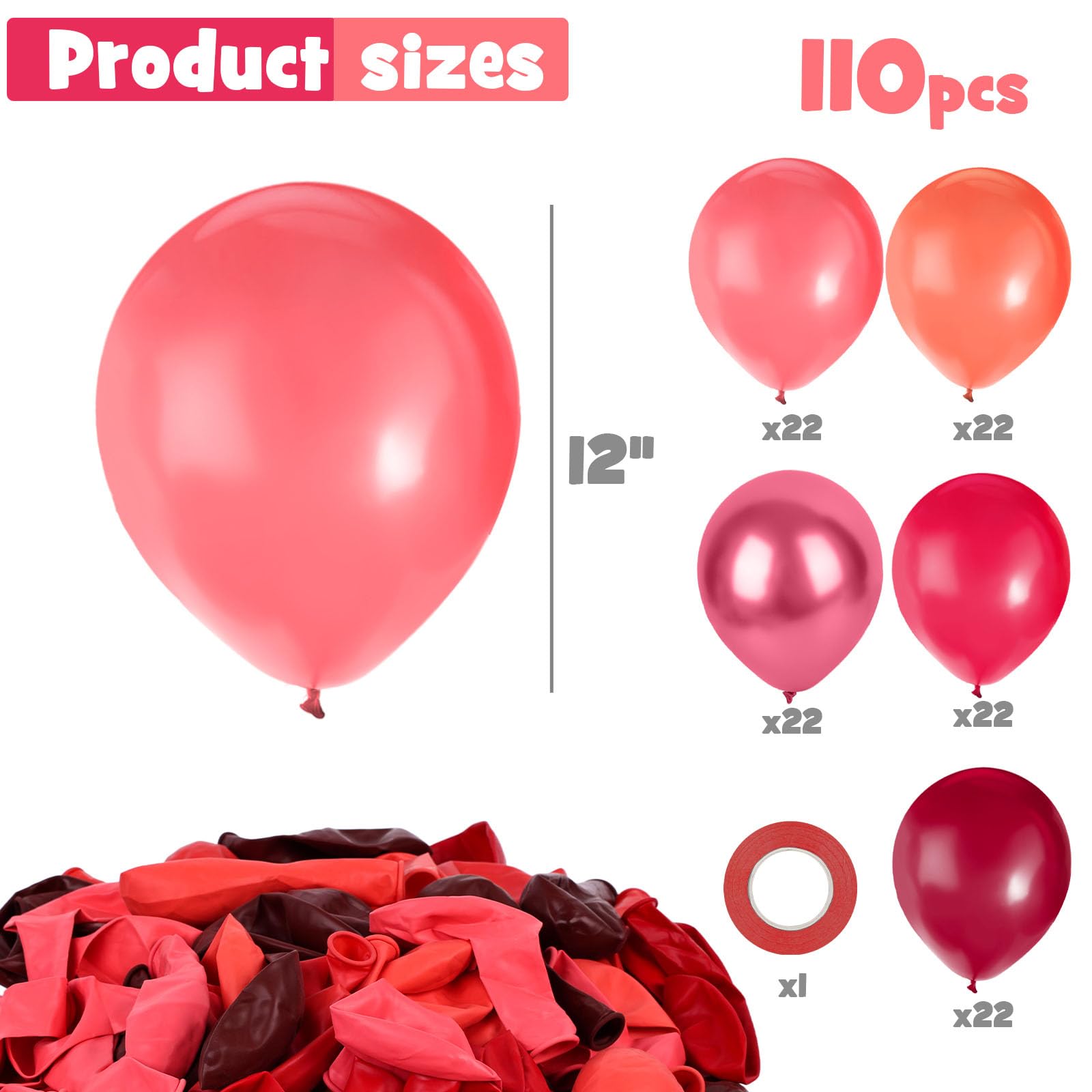 AMOR PRESENT 110 pcs Red Balloons, 12 Inches Light Red Latex Balloons Garland Arch Kit for Birthday Wedding Baby Shower Holiday Anniversary Christmas Vanlentine Party Decoration