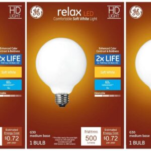 GE Lighting (case of 3 Bulbs) GE 41835 Relax LED G30 Vanity Globe, Frosted, Soft White 2700K, 6 watt, 500 Lumen, Dimmable Decorative Globe Light Bulb, 60 watt Replacement