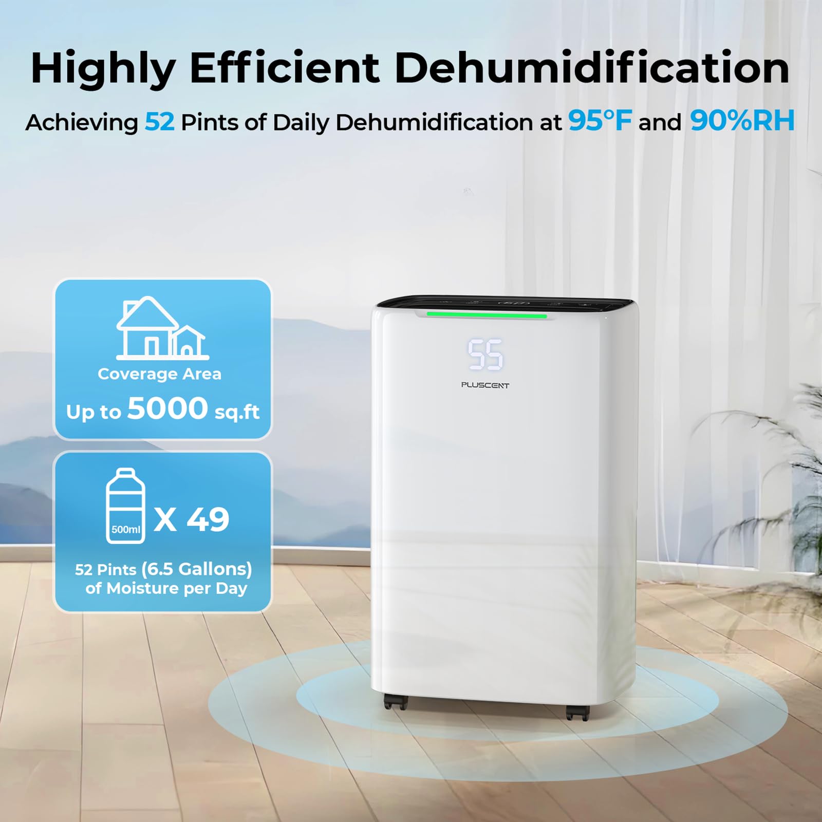 5000 Sq.ft Energy Star Dehumidifier for Basement, PLUSCENT 52 Pints Quiet Dehumidifiers with Drain Hose for Home Large Room Bedroom, Smart Humidity Control & Monitor, 4 Operation Modes, 24H Timer