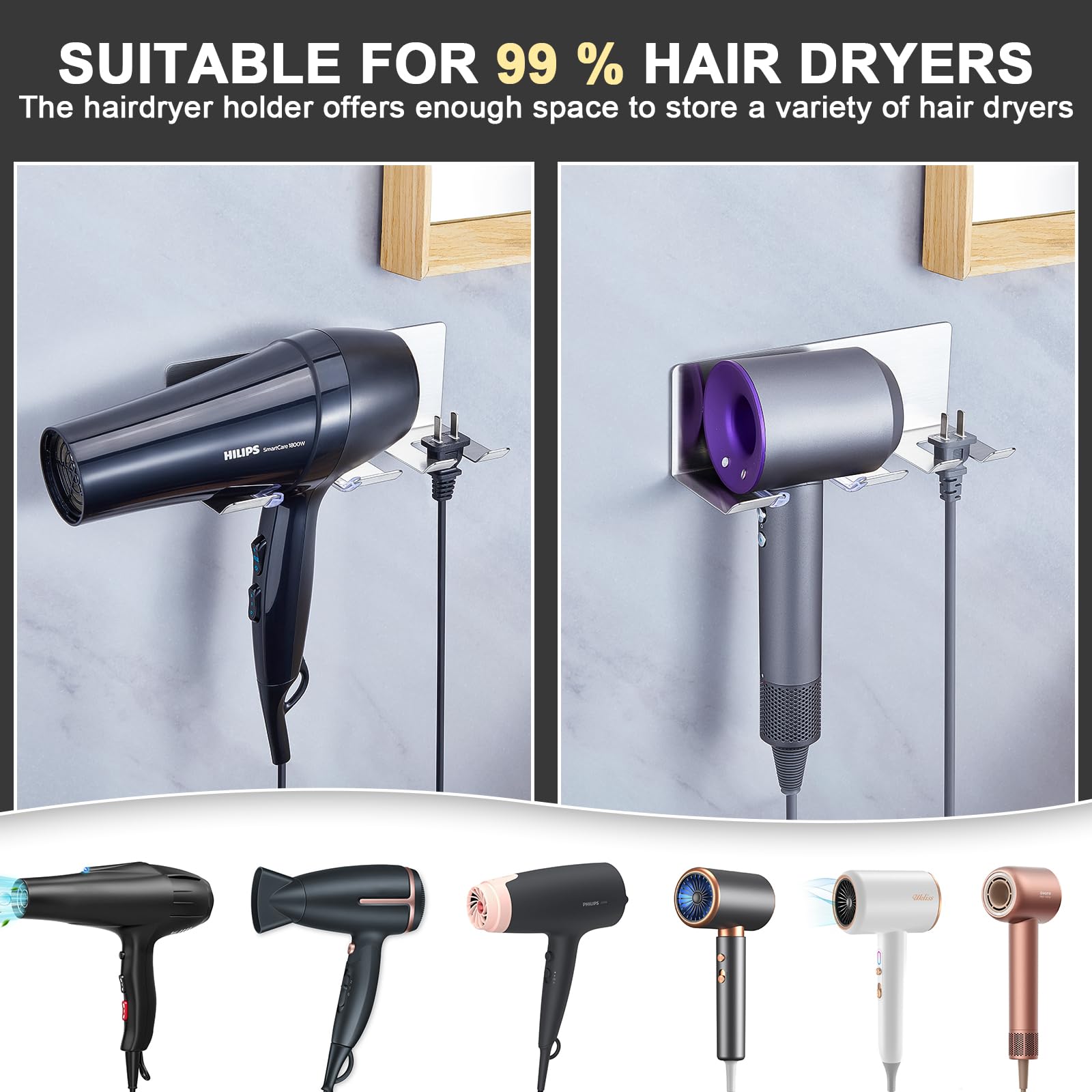 YAYINLI Hair Dryer Holder - Hair Tool Storage Organizer Wall Mount, Stainless Steel Hair Blow Dryer Holder Organizer, Hot Tools Holder, Adhesive Hairdryer Holder Bathroom, Silver Hair Dryer Hanger