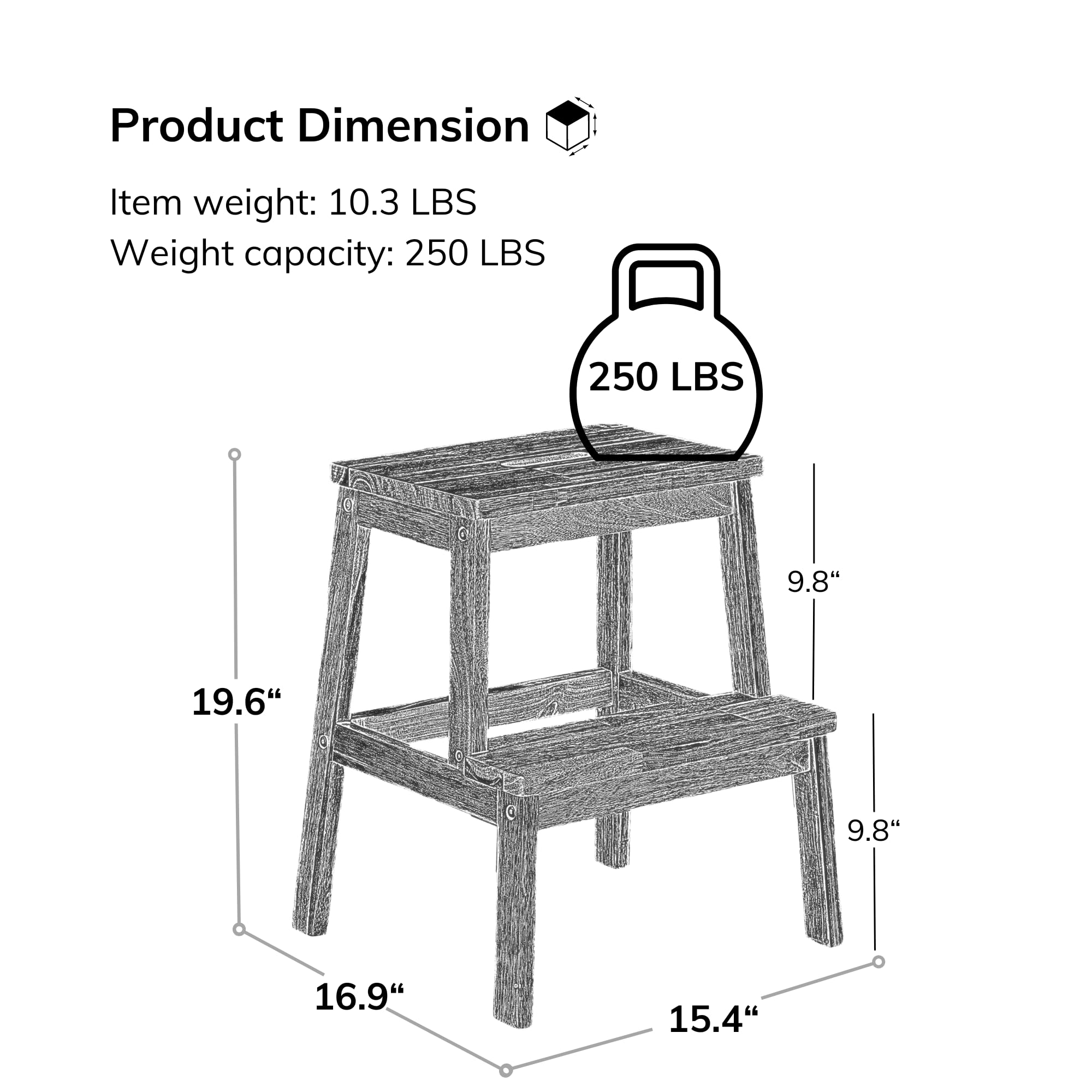 2 Step Ladder Stool Hard Wood,JULYFOX 20 inch Height Non-Slip Bed Stepstool with Anti-Slip Bottom Bathroom Stool Wood Step Stairs 350lbs Heavy Duty for Adults Kids