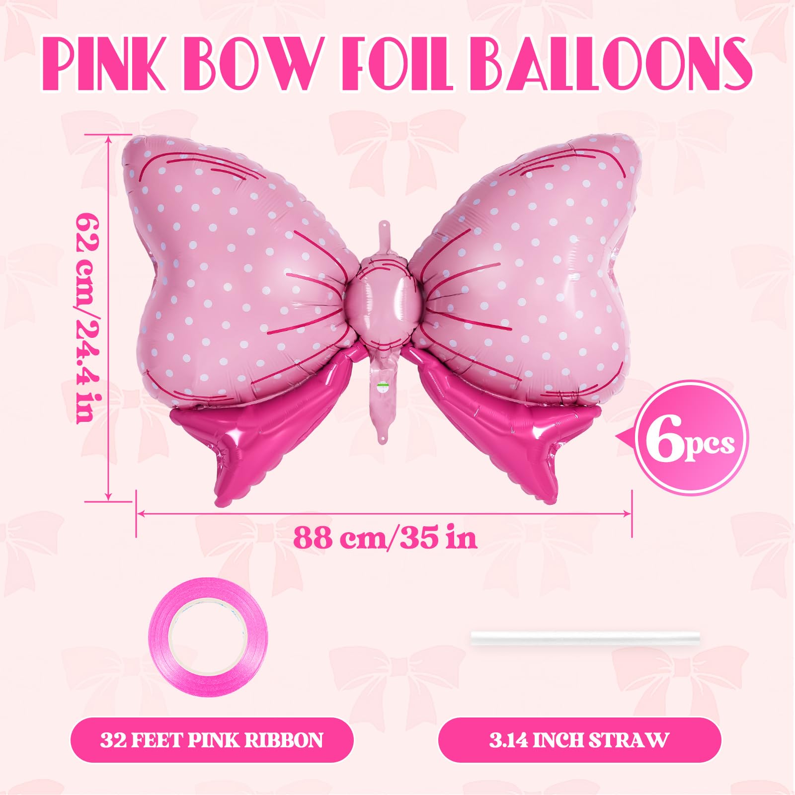 6 Pcs Pink Bow Balloons for Girls, 35 Inch Bow Foil Balloons,Pink Bows Gender Reveal Decorations for Birthday Party Wedding Baby Shower Mouse Party Decoration (Pink)