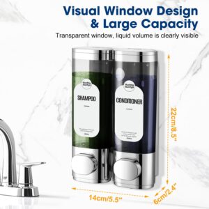 2-Chamber Shampoo and Conditioner Dispenser Shower Soap Dispenser 2 Chamber No Drill,Shower Soap Dispenser Wall Mounted,HUOTDY SUNTYS Body Wash Dispenser Set for Bathroom Toilet Hotel Kitchen(Chrome)