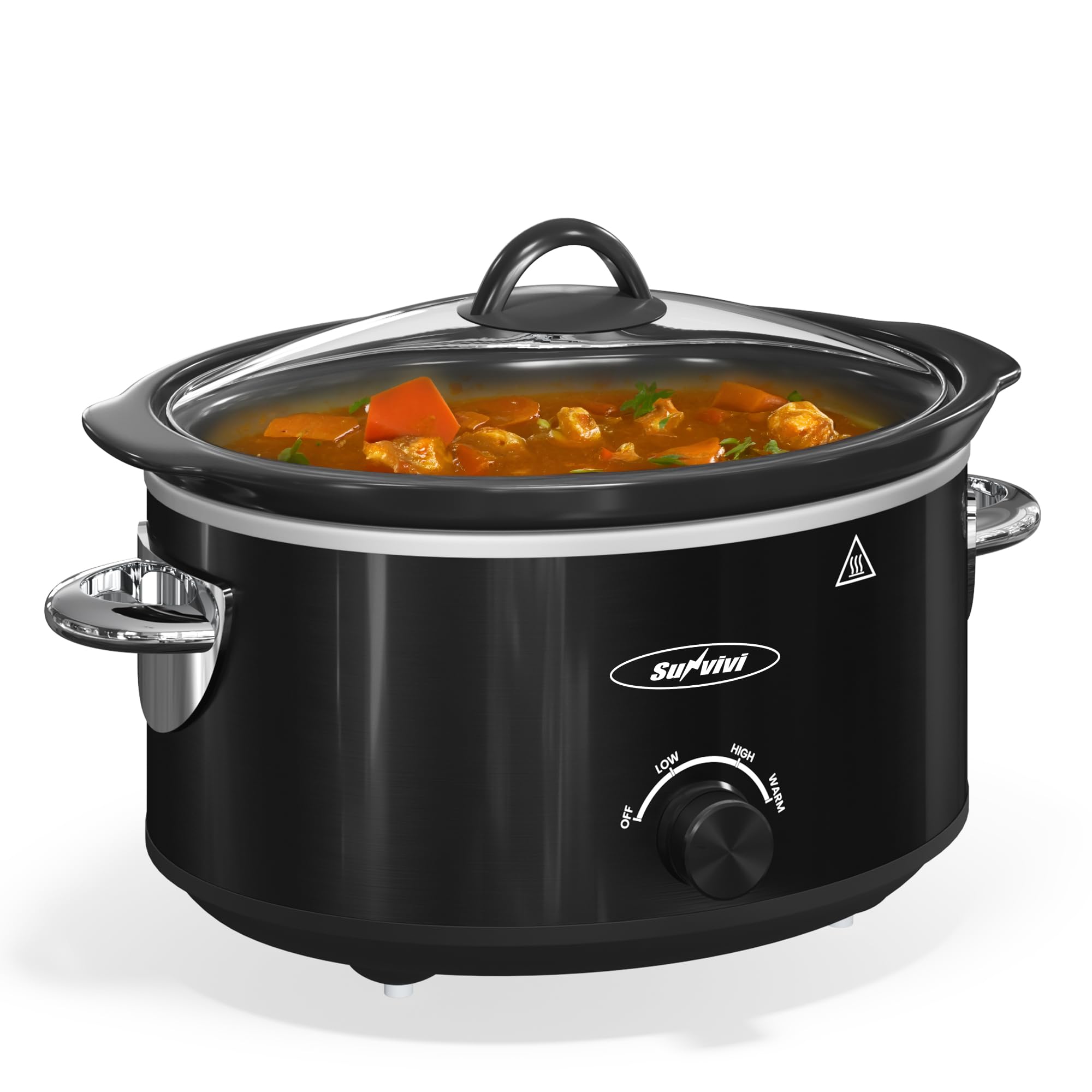 Sunvivi Small Slow Cooker 4QT, Mini Food Warmer with 3 Heating Settings, Removable Ceramic Pot, Dishwasher Safe Glass Lid, Stainless Steel, Black