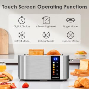 4 Slice Toaster, NIKLEMON Full Stainless Steel Toaster with LED Display, Touch Buttons with Long Extra Wide Slots, Bagel, Defrost, Reheat, Cancel Functions, Removable Crumb Tray, 1300W