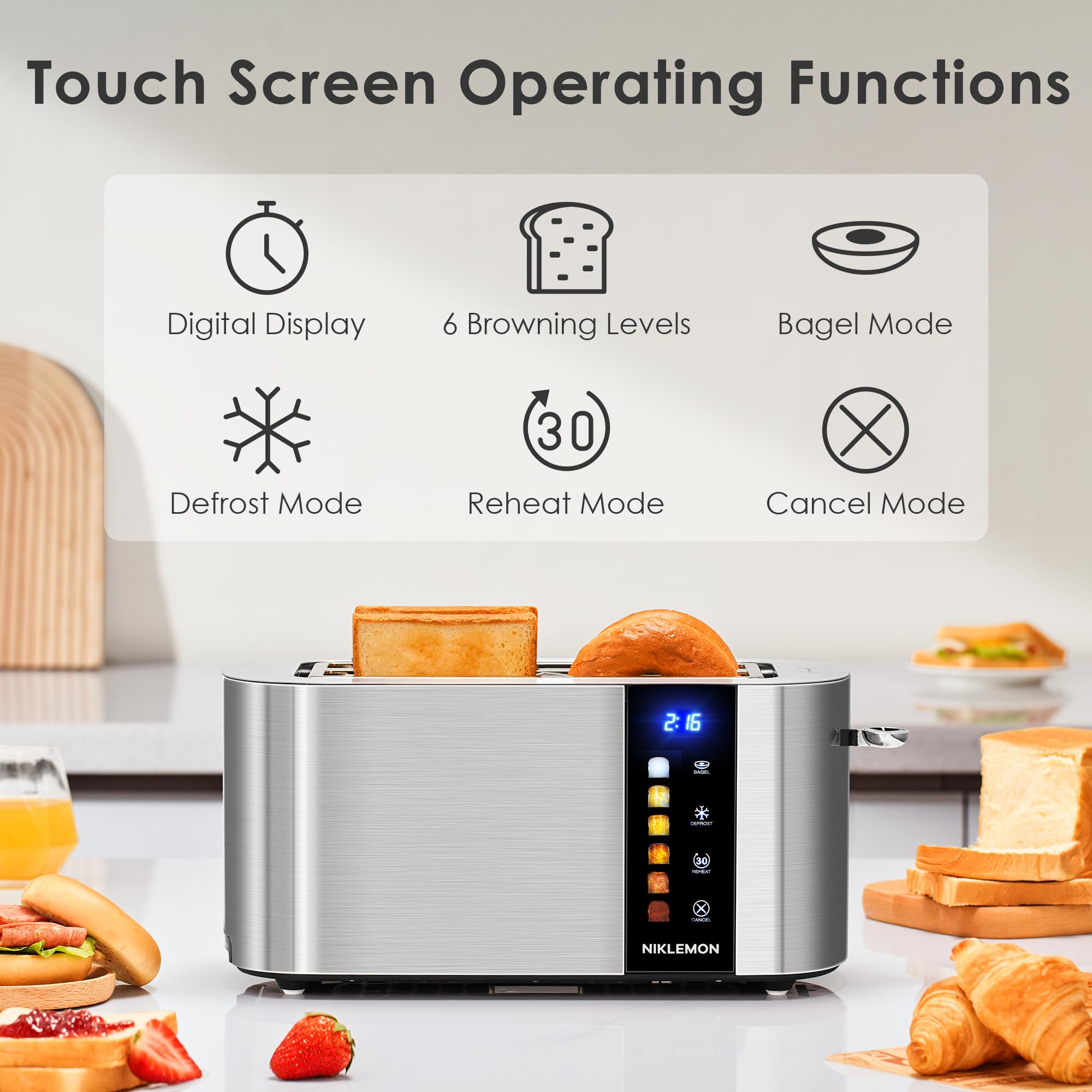 4 Slice Toaster, NIKLEMON Full Stainless Steel Toaster with LED Display, Touch Buttons with Long Extra Wide Slots, Bagel, Defrost, Reheat, Cancel Functions, Removable Crumb Tray, 1300W