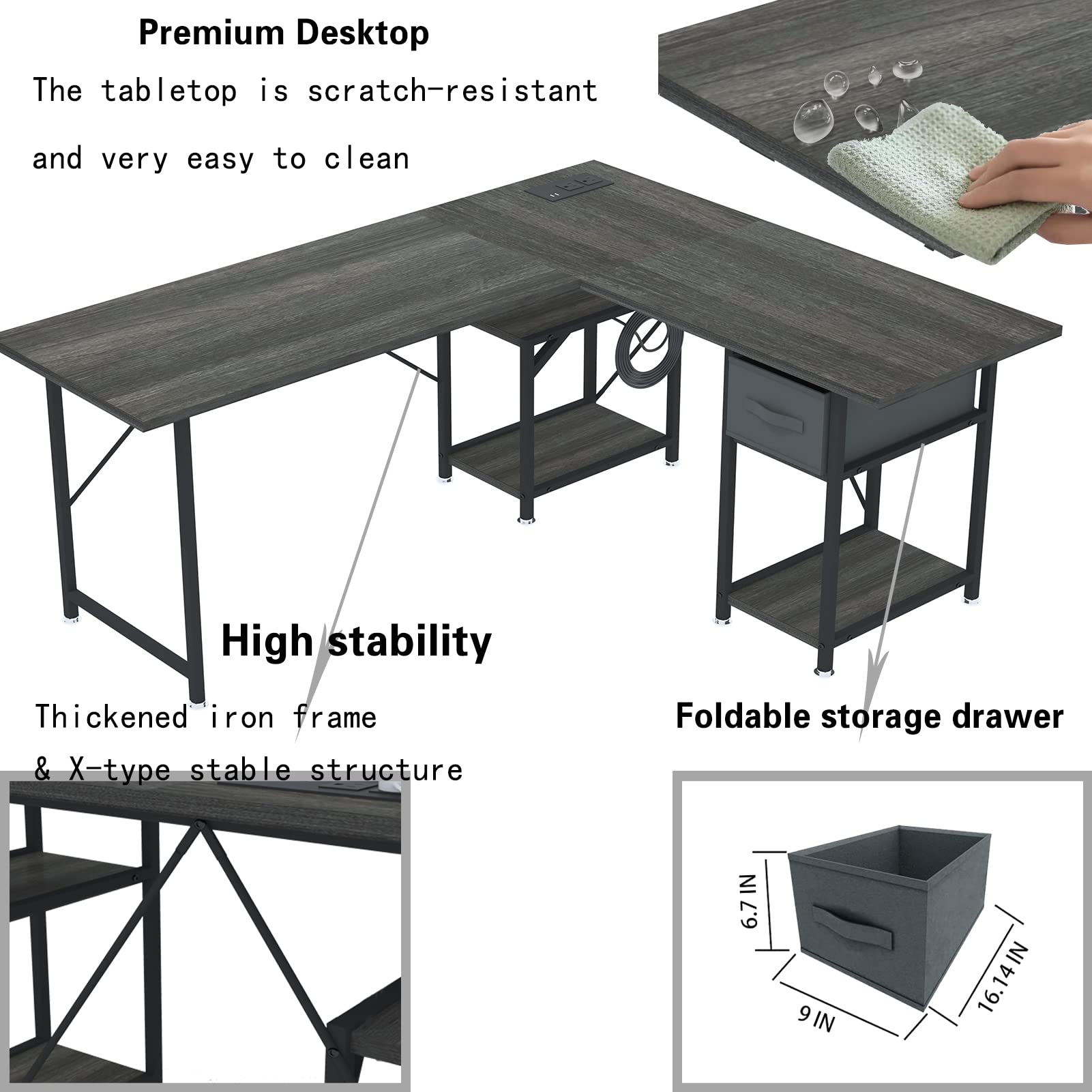 SZXKT L Shaped Desk with Drawers, Gaming Desk, Corner Computer Desk with Storage and Power Outlet,Reversible U Shaped Work Pc Desk for Home Office with Monitor Stand 2 Person Long Desk 56 Inch Gray