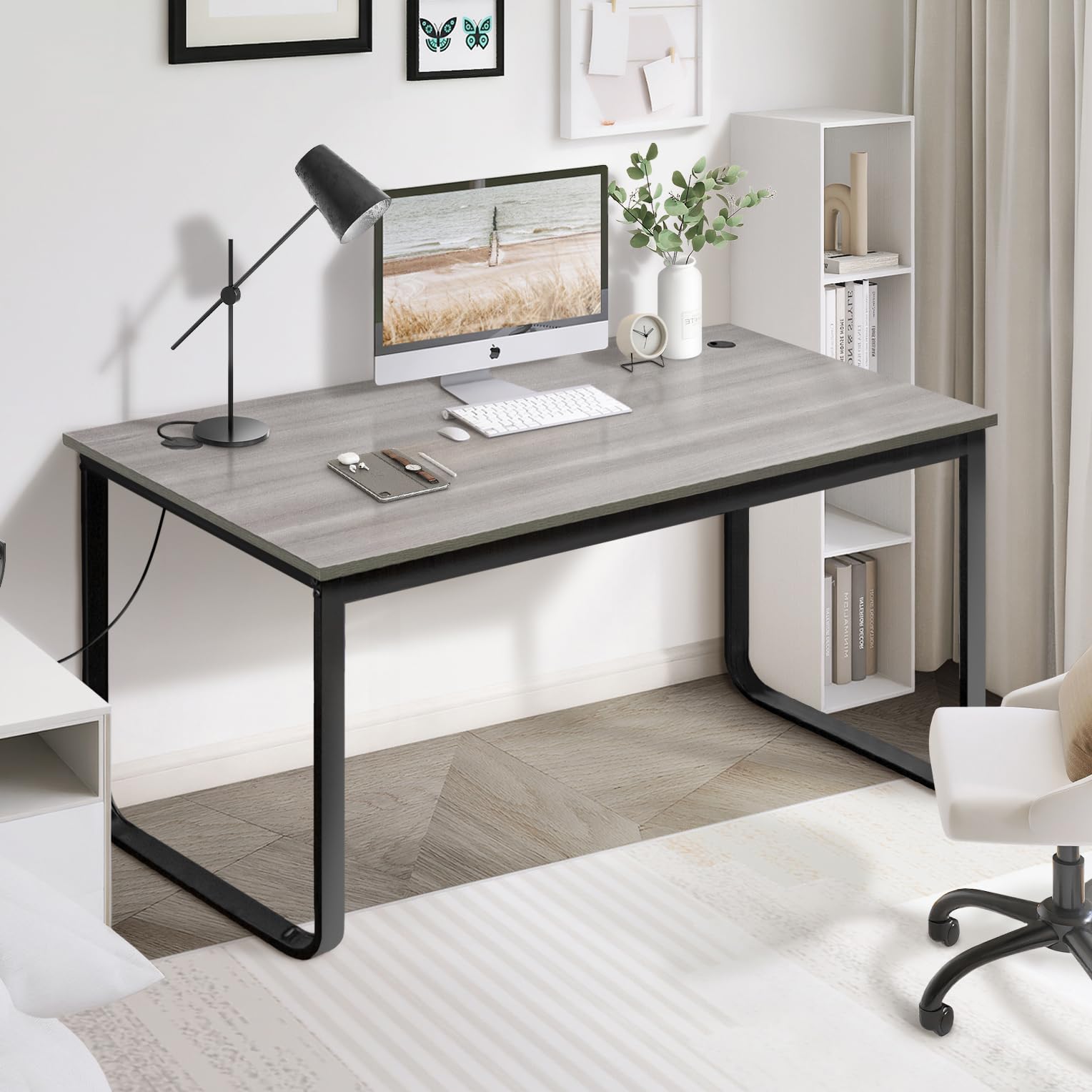 Vida Vistoso 55 Inch Computer Desk, Modern Simple Style PC Desk for Home, Office, Home Office Desk with MDF Board & Industrial Black Metal Frame, Oak Grey