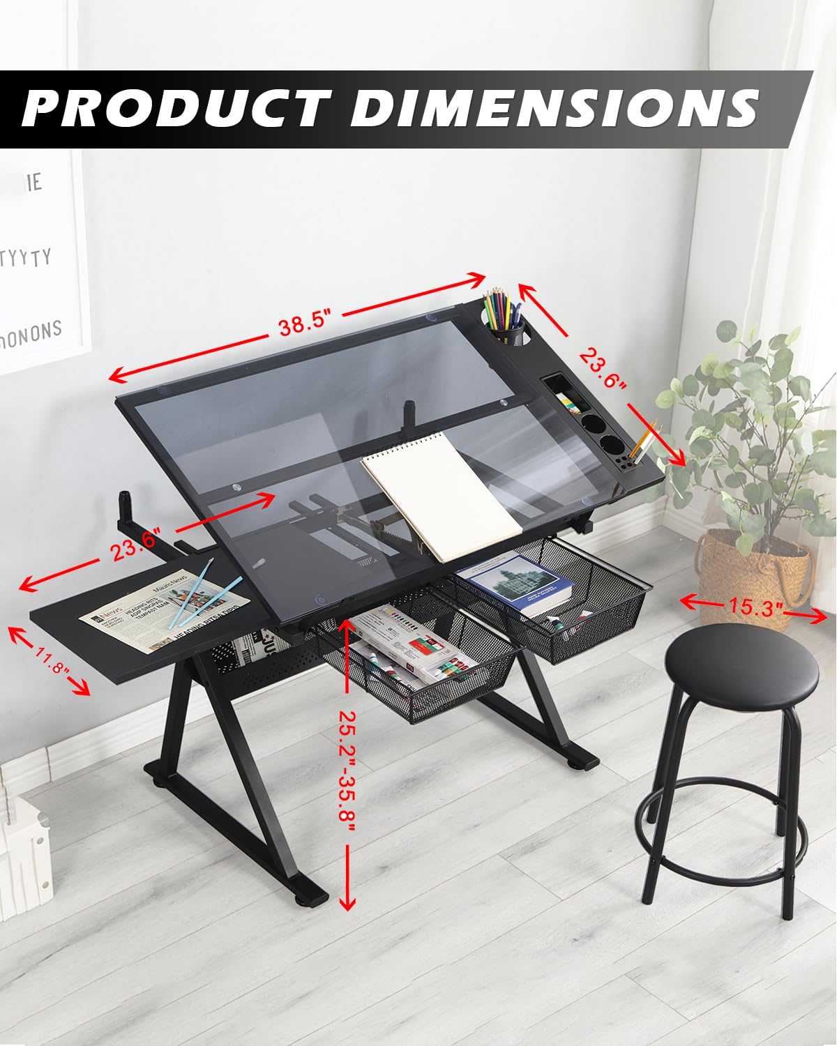 LifeSky Adjustable Drafting Table for Artists - Drawing Table with Storage for Artwork - Glass Art Desk with Drawers for Artists Painters Illustrators Cartoonists