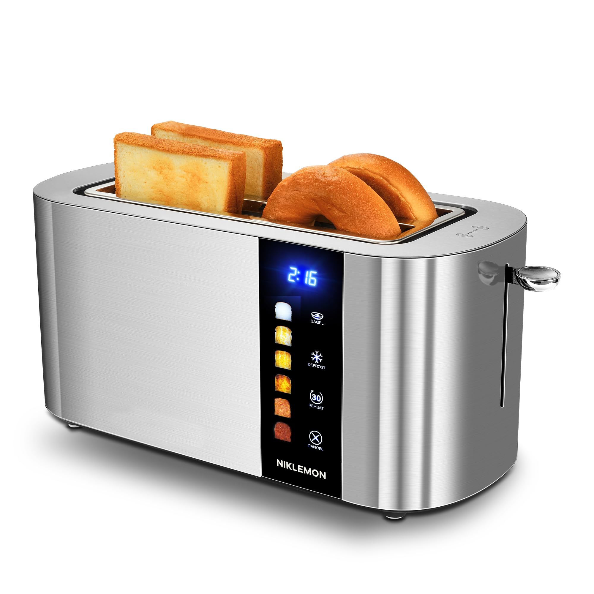 4 Slice Toaster, NIKLEMON Full Stainless Steel Toaster with LED Display, Touch Buttons with Long Extra Wide Slots, Bagel, Defrost, Reheat, Cancel Functions, Removable Crumb Tray, 1300W