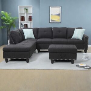 nicbex sectional couches for living room modern wide left hand facing sofa & chaise with ottoman sectional couch comfy couches for living room, apartment, charcoal grey