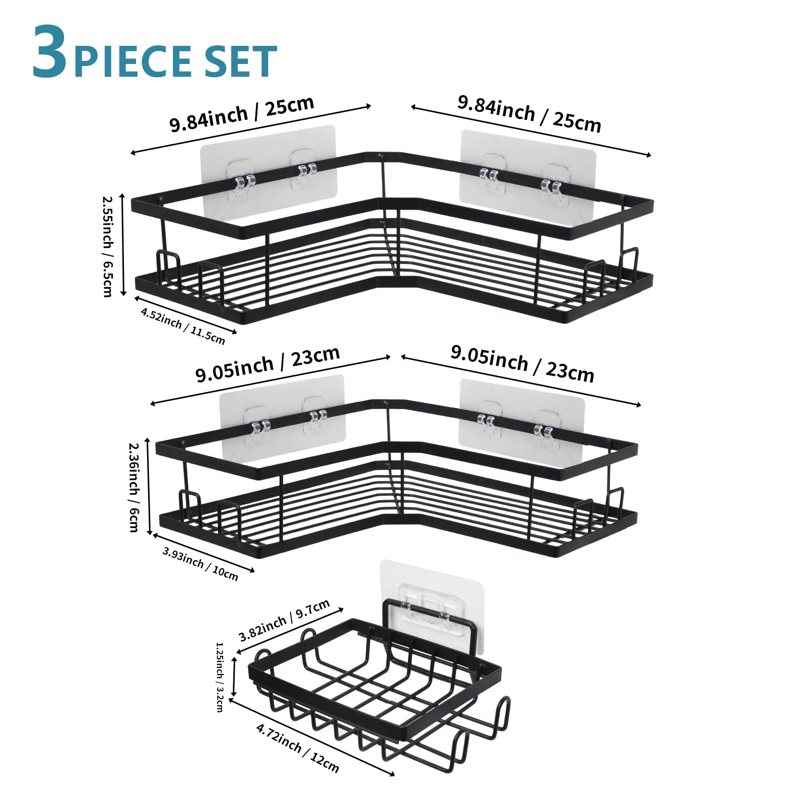 WUDIALIEN Corner Shower Caddy,3 Pack Adhesive Shower Shelf with Soap Holder,Wall Mounted Stainless Steel Organizer and Storage Shelf with 12 Hooks for Bathroom Kitchen Countertop