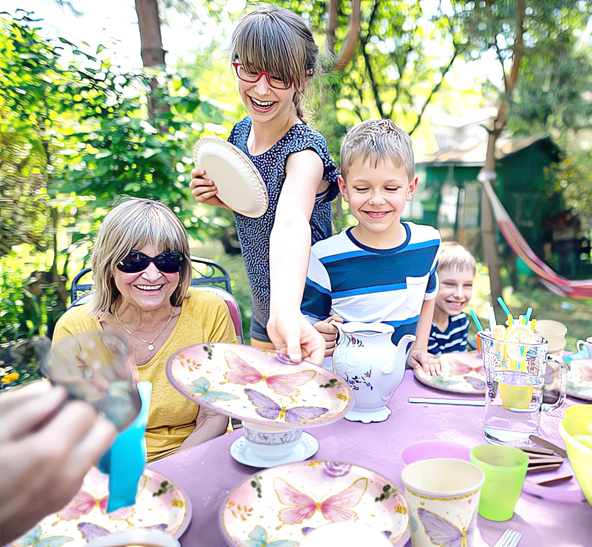 PYCALOW Butterfly Birthday Party Supplies - Butterfly Party Decorations Tableware Include Paper Plate, Napkin, Cup, Disposable Cutlery, Butterfly Baby Shower Decorations Dinnerware | 24 Guests