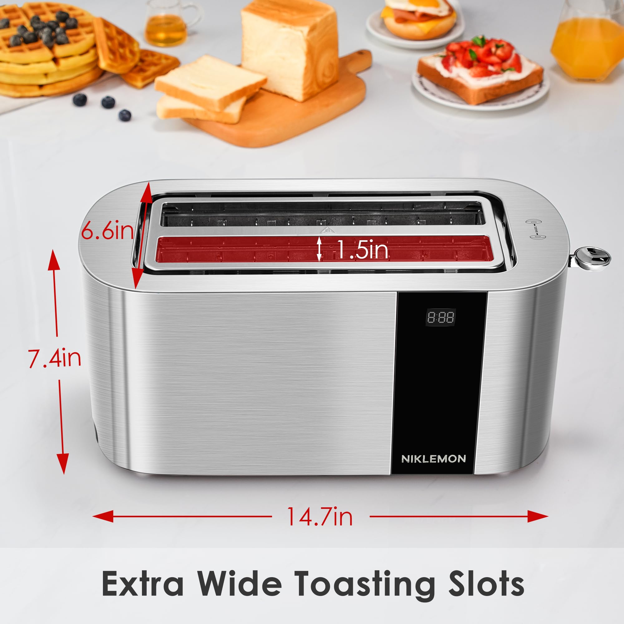 4 Slice Toaster, NIKLEMON Full Stainless Steel Toaster with LED Display, Touch Buttons with Long Extra Wide Slots, Bagel, Defrost, Reheat, Cancel Functions, Removable Crumb Tray, 1300W