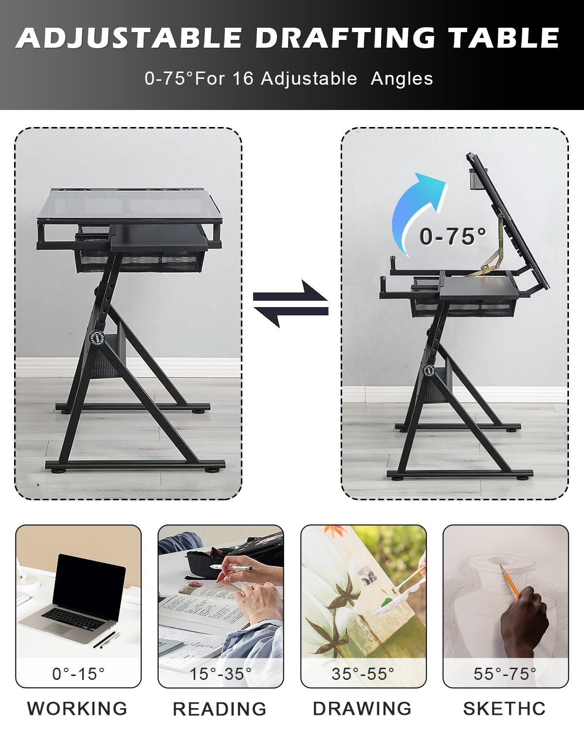 LifeSky Adjustable Drafting Table for Artists - Drawing Table with Storage for Artwork - Glass Art Desk with Drawers for Artists Painters Illustrators Cartoonists