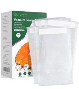 utilimates pint vacuum sealer bags for food, 6x10 inch 200, preprinted label, bpa-free puncture prevention heavy duty small vacuum seal bags for food, ideal for food saver, freezer bags, or sous vide