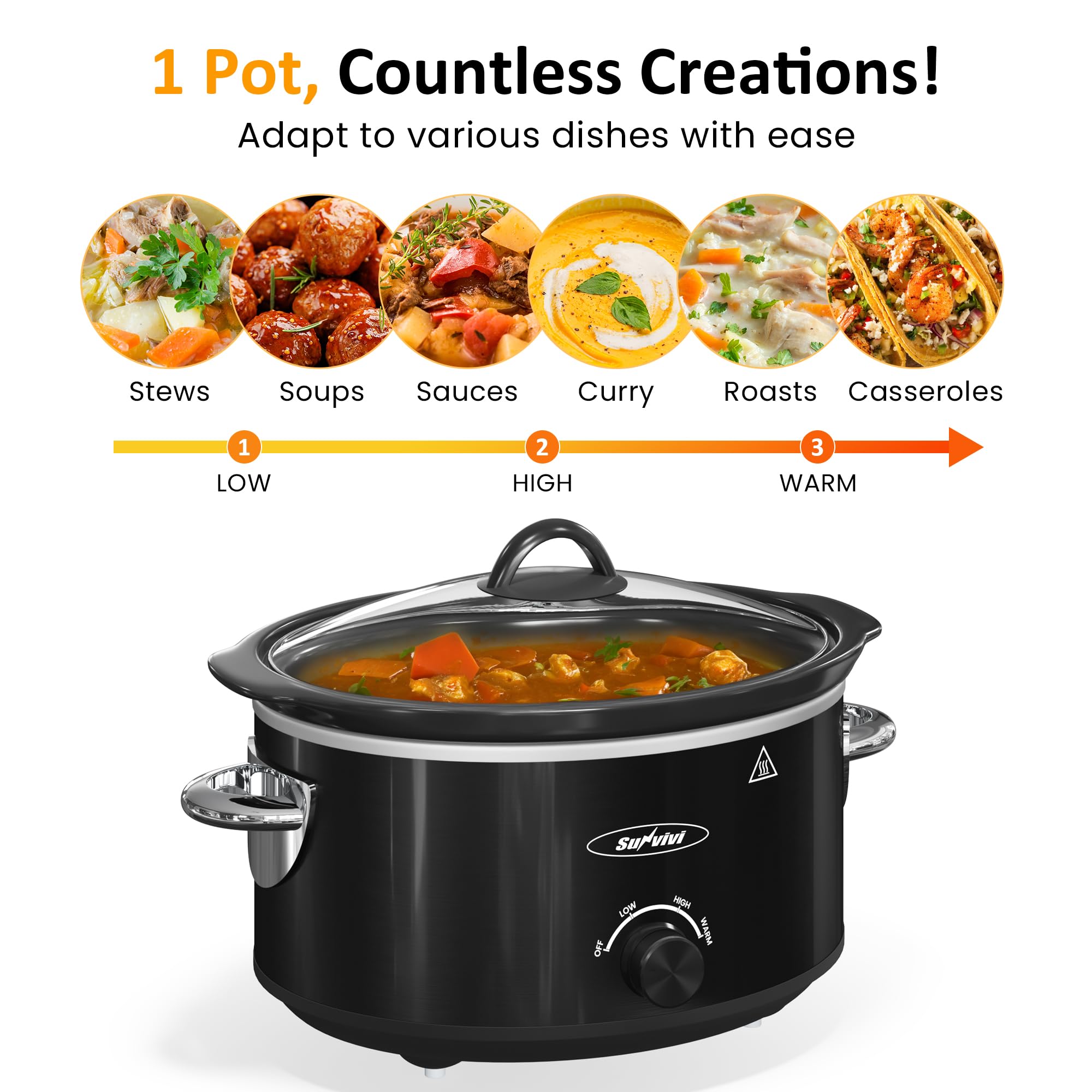 Sunvivi Small Slow Cooker 4QT, Mini Food Warmer with 3 Heating Settings, Removable Ceramic Pot, Dishwasher Safe Glass Lid, Stainless Steel, Black