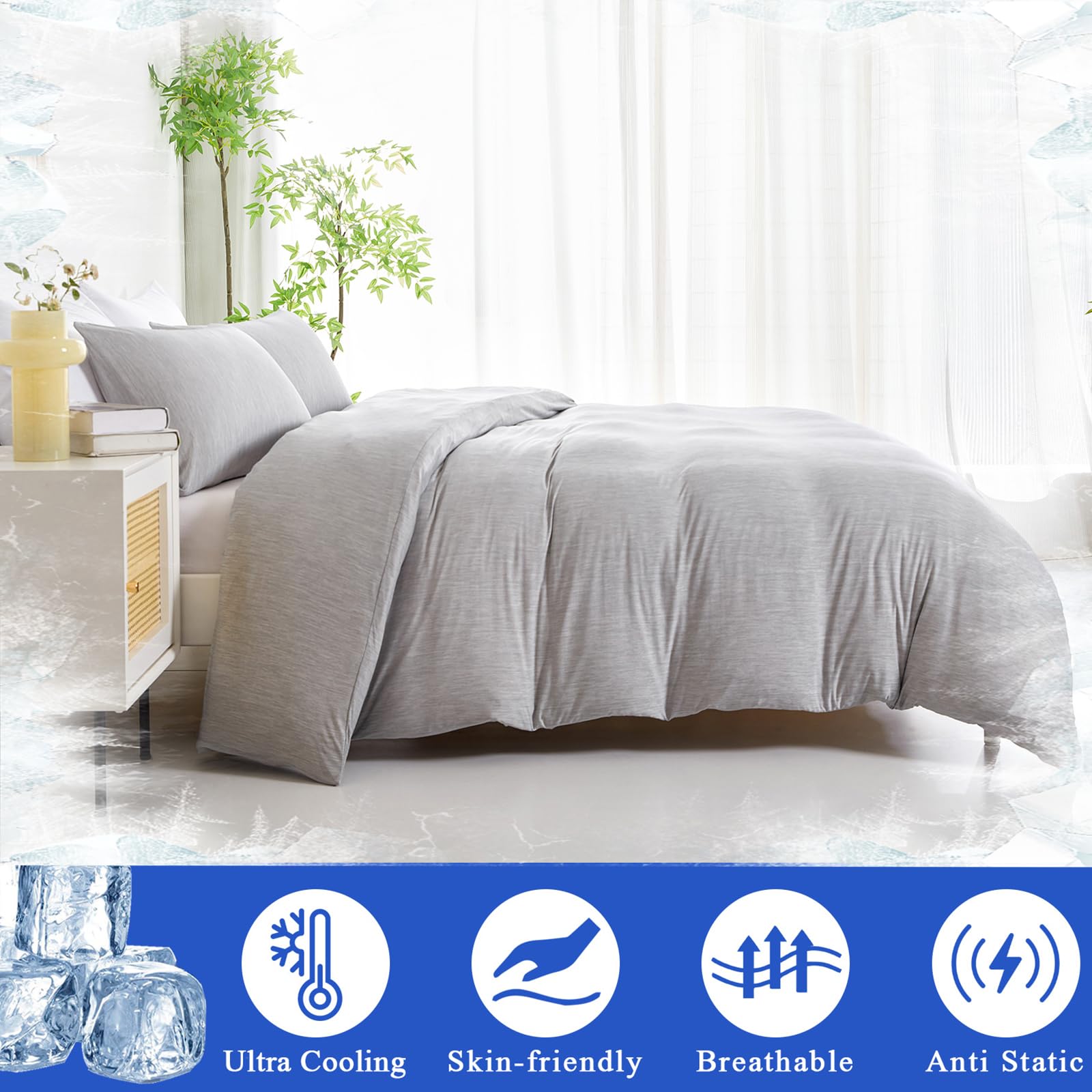 HCORA Cooling Duvet Cover Queen Size - Double Side Arc-Chill Q-Max>0.5 Cooling Fiber Duvet Cover Set 3PCS - Soft, Breathable, Cooling Comforter Cover with Zipper Closure & Corner Ties (Light Grey)