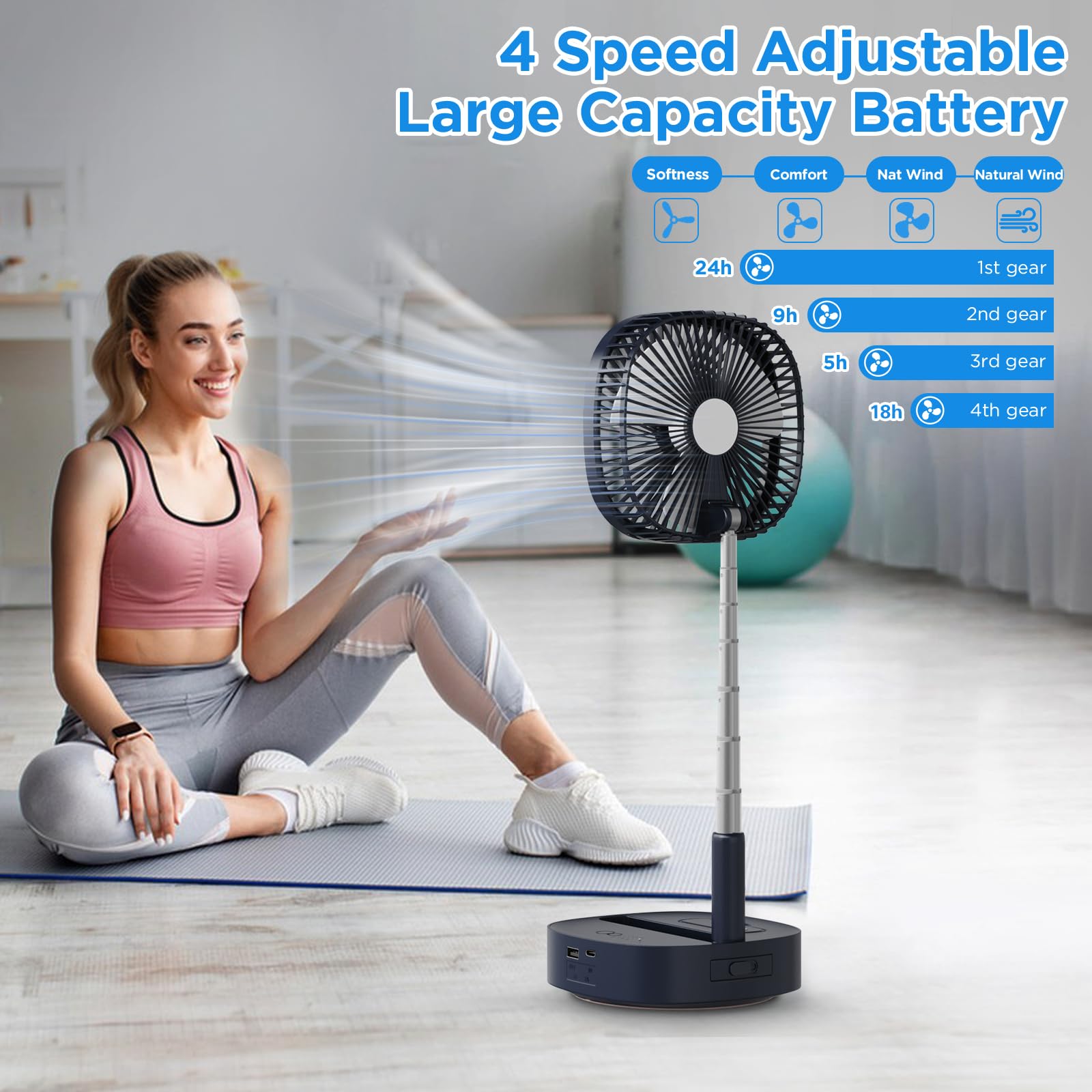 Magesh Portable Oscillating Pedestal Fan＆Remote, 120° Rotation, 3-In-1 Foldaway/Standing/Desk Fan, Anti-Slip 7200Mah Rechargeable, Telescopic 4 Speed Quiet Timer Fan Home Outdoor Travel (Dark Blue)