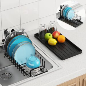 antopy sink dish drying rack - expandable small dish rack over sink with silicone drying tray, in sink dish drainer for kitchen counter with cutlery holder, drying rack fit for 14’’-19’’ kitchen sink