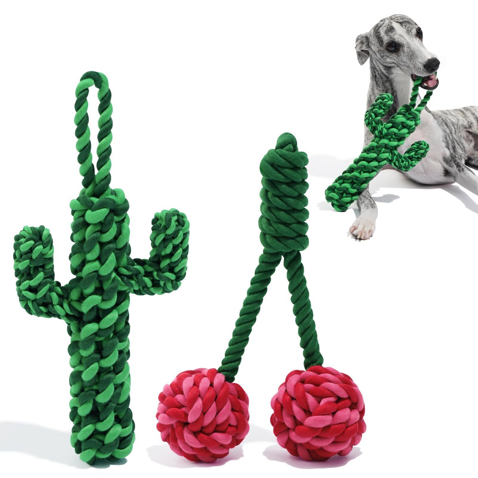 VETRESKA Dog Rope Toys,Durable Tug of War Dog Toy with Ergonomic Grip,Tough Dog Rope Toy for Large Breed Dog Puppy Training Playing Teething Chew Toys,Holiday Dog Toy Gifts (Cherry & Cactus Set)