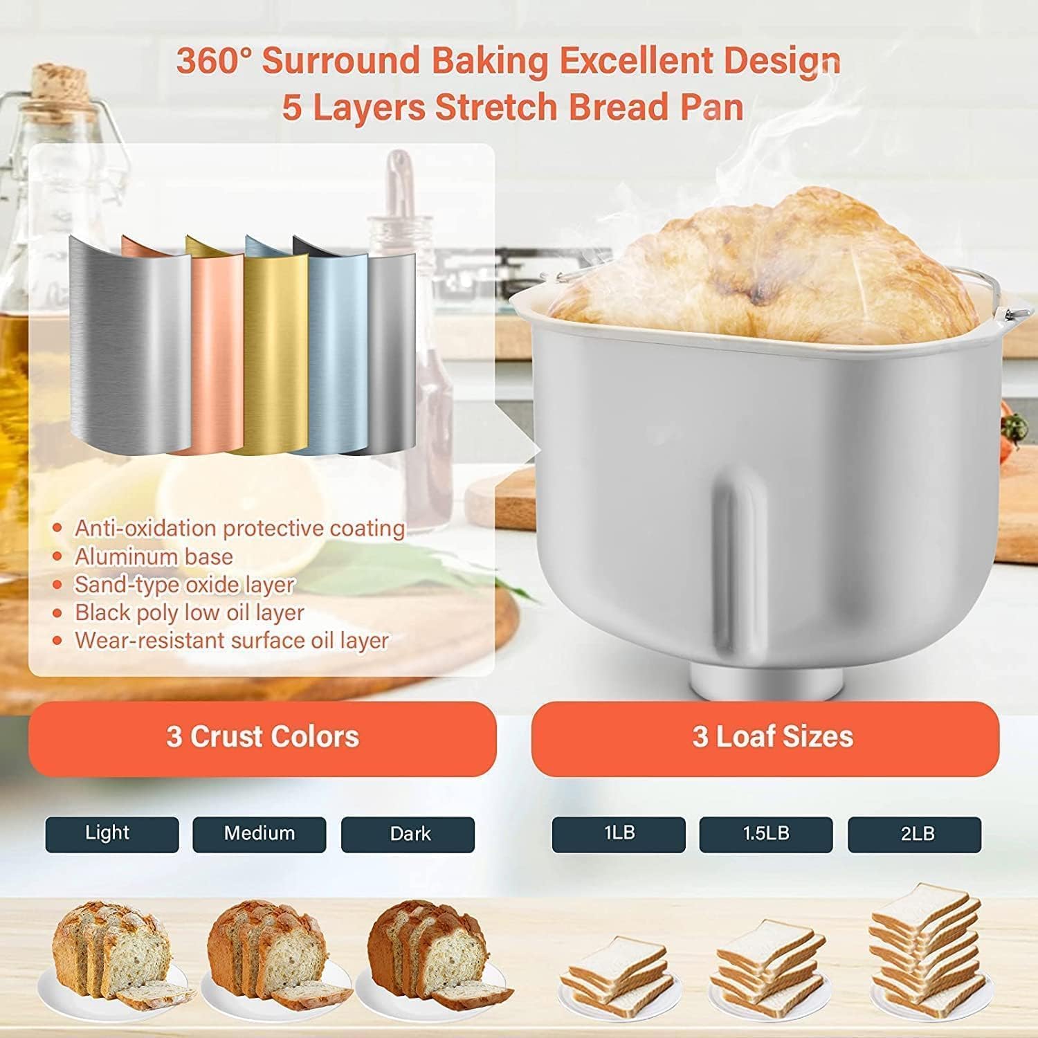 KBS 2LB Bread Maker, 19-in-1 Automatic Bread Machine Stainless Steel with Ceramic Pan,15H Timer&1H Keep Warm, Sourdough, Gluten-Free, 650W Bread Maker Machine with 3 Loaf Sizes 3 Crust Colors, Recipes