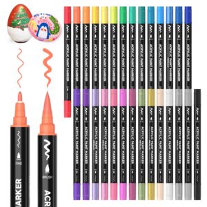 shuttle art 28 colors dual tip acrylic paint markers, brush tip and fine tip acrylic paint pens for rock painting, ceramic, wood, canvas, plastic, glass, stone, calligraphy, card making, diy crafts